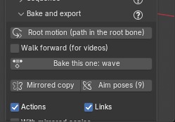 The Bake and export section: root motion, baking, mirrored copies and aim poses