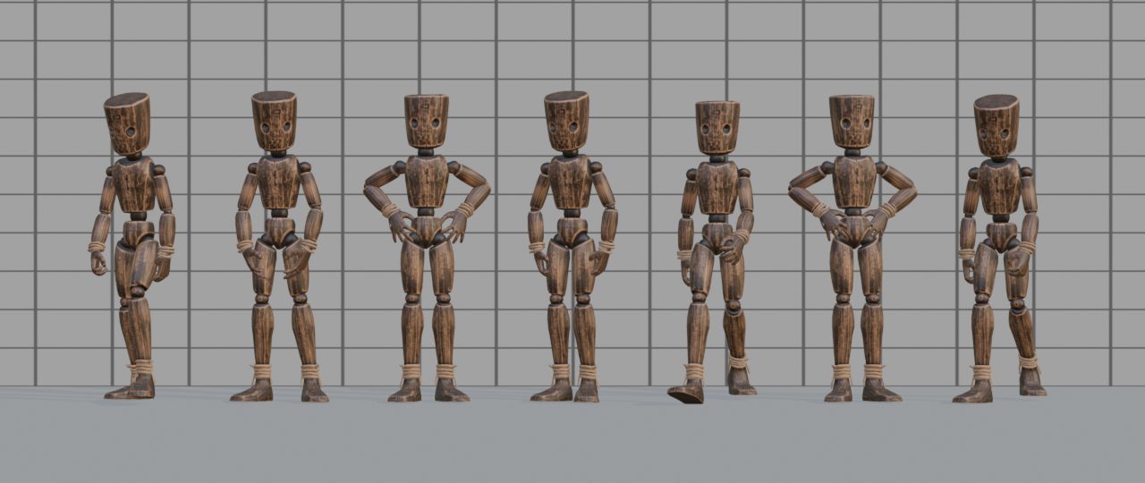 Seven mannequins, some walking and some standing