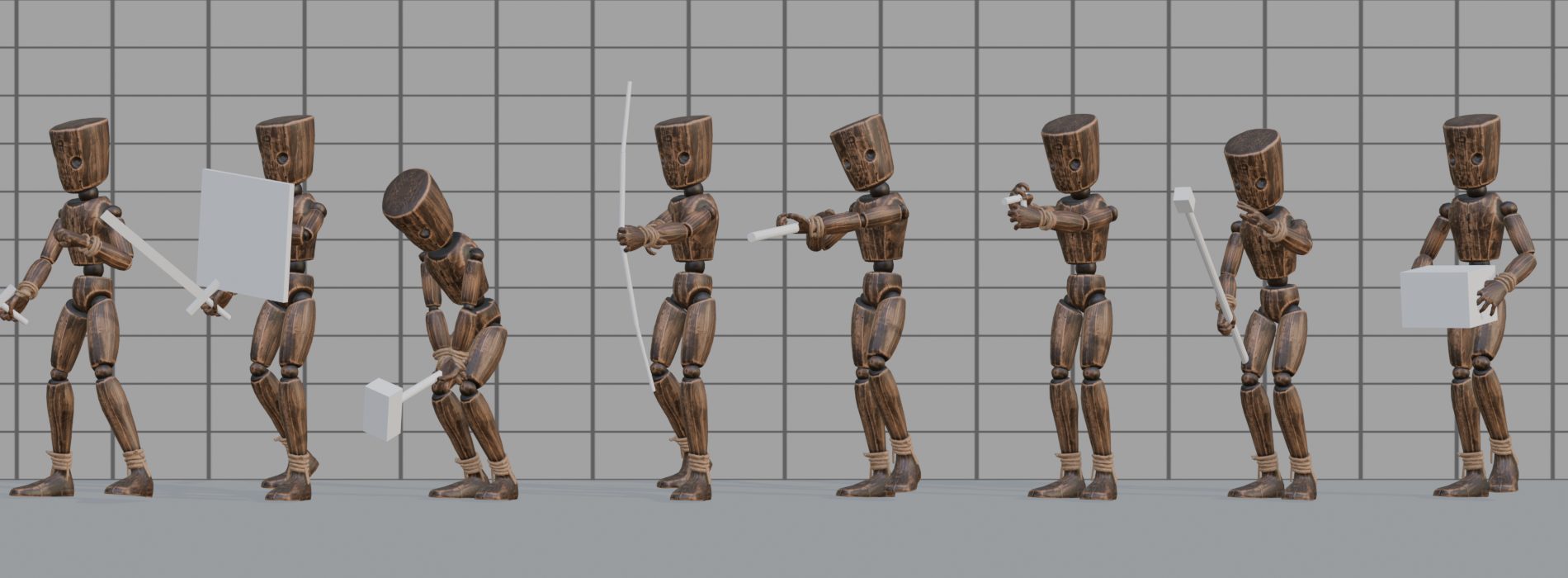 Eight mannequins with a sword, a sword and shield, a warhammer, a bow, a rifle, a pistol, a staff and a box