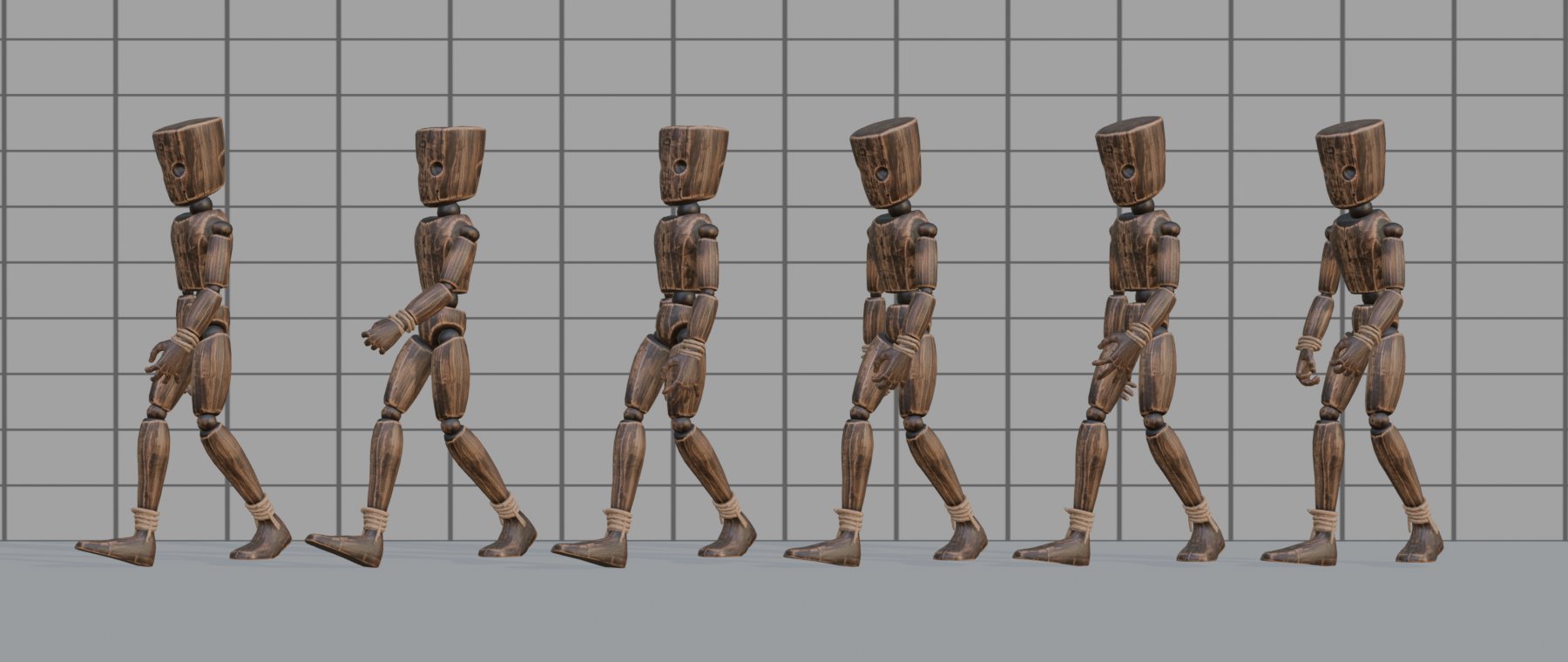 Six wooden mannequins mid-stride, each walking in a different state