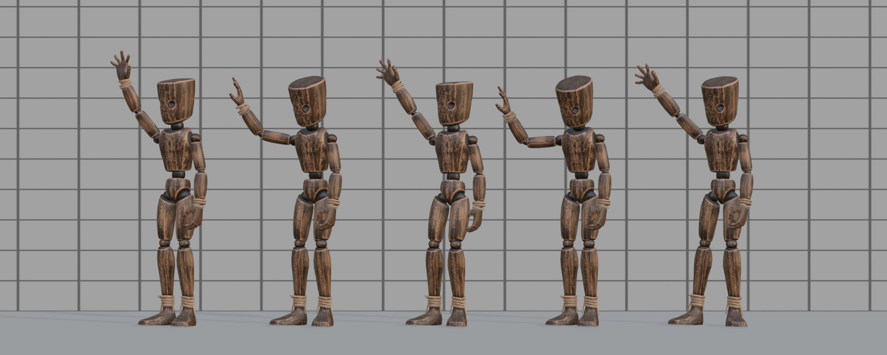 Five wooden mannequins waving, each in a different manner