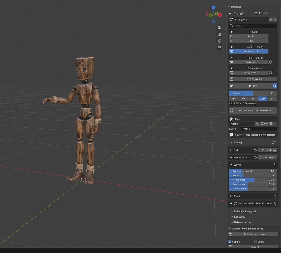 Blender viewport in Material Preview with a wooden mannequin and the Moveset sidebar panel